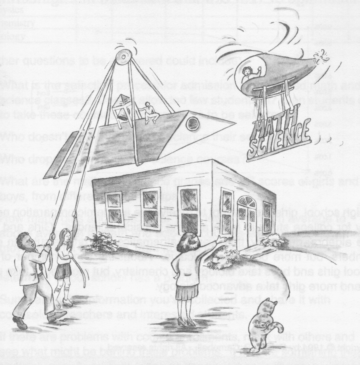cartoon of math and science being lowered into a school house